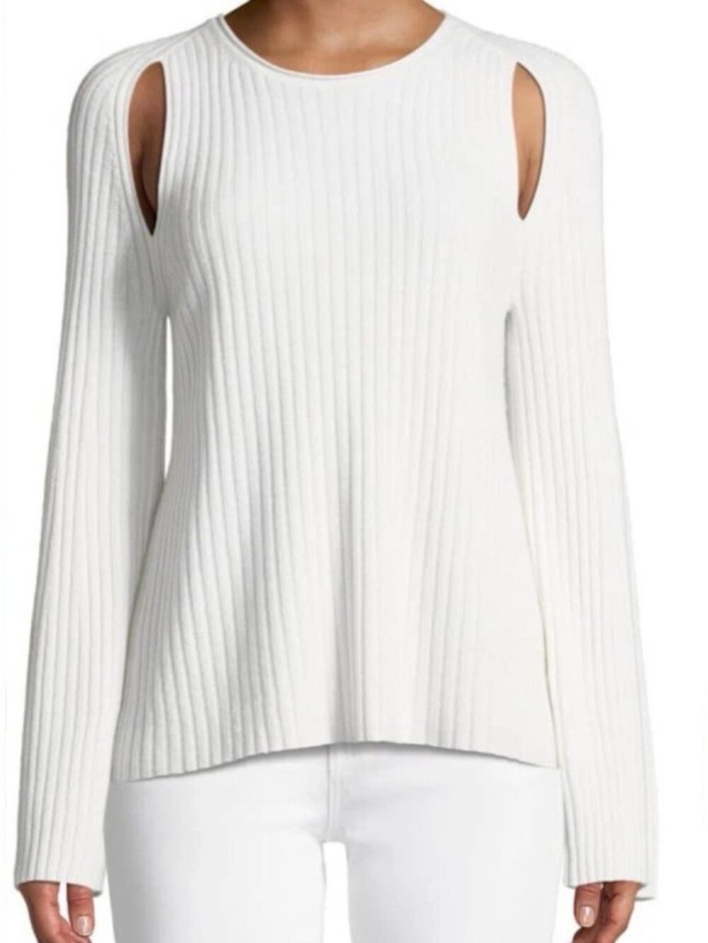 VINCE Women's Cashmere Cream Ribbed Shoulder‎ Slit Belll Sleeve Sweater, Size M